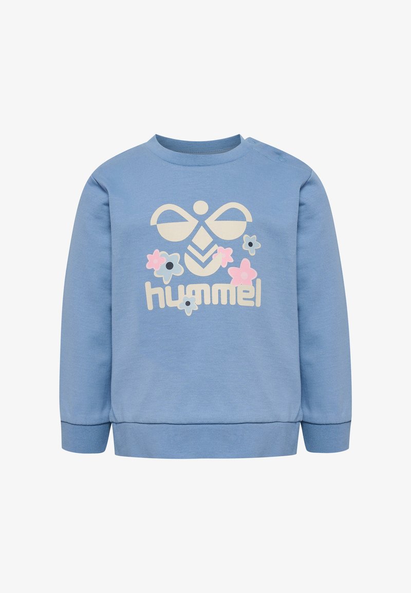 Blauwe katoenen sweatshirt met lange mouwen, voorzien van een witte grafische afbeelding van een strik en bloemen, en het woord "hummel" in vette letters.