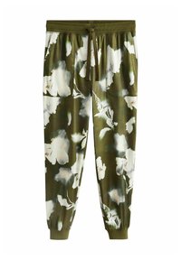 Zielone dresowe spodnie w kwiaty z wiązanym paskiem w talii, wykonane z lekkiego, gładkiego materiału oraz z elastycznymi mankietami. Kwiatowy wzór w bieli i delikatnym różu.