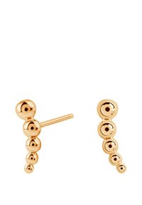Złote kolczyki w kształcie studów, zgraduowaną grupą sferycznych koralików w różnych rozmiarach, o błyszczącym wykończeniu i prostym zapięciu na słupku.