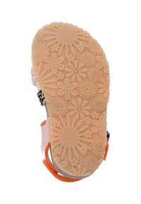 Roze sandaalzool met bloemenpatroon, gestructureerd rubber, lichtgewicht, met oranje accenten en zwarte print aan de zijkant.