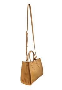 Borsa in pelle color tan con doppie maniglie e una lunga tracolla regolabile. Presenta una forma strutturata e dettagli di cucitura sottili.