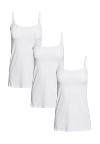 Trzy białe bawełniane topy na cienkich, regulowanych ramiączkach z falistymi krawędziami przy dekolcie. Miękka tekstura, prosty design, bez wzorów.