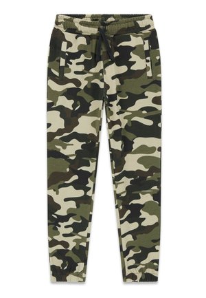 Pantalons de jogging camouflage dans des tons de vert et beige, avec une taille élastique munie d'un cordon de serrage et des poches latérales.