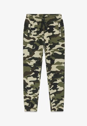 Pantaloni jogger mimetici in tonalità di verde e beige, con cintura elastica dotata di cordino e tasche laterali.