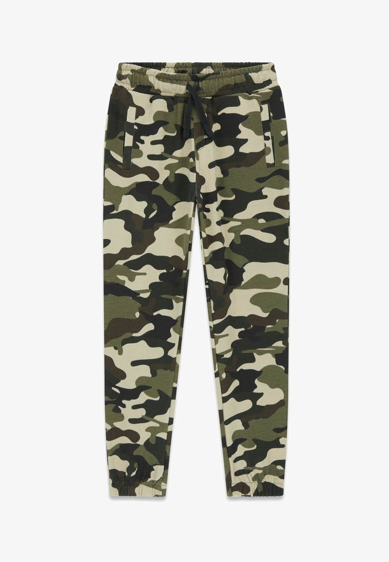 Camouflage jogger pants in shades of green and beige, featuring an elastic waistband with a drawstring and side pockets.