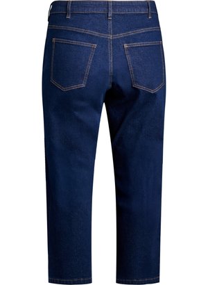Donkerblauwe denim broeken met een cropped ontwerp, voorzien van twee achterzakken en contrasterende bruine stiksels. Soepele textuur, casual pasvorm.