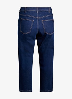 Dunkelblaue Jeanshosen mit einem verkürzten Design, ausgestattet mit zwei Gesäßtaschen und kontrastierenden braunen Nähten. Glatte Textur, lässige Passform.