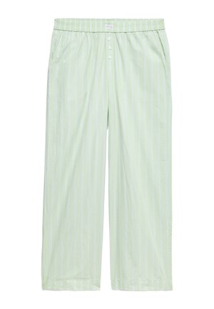 Lichtgroene wijde pantalon met strepen en een elastische tailleband, voorzien van verticale witte strepen en een knoopsluiting aan de voorkant.
