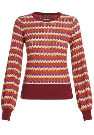Pull en maille à manches longues avec motif en zigzag dans des tons de rouge, orange, violet et crème, doté de poignets et d'un ourlet côtelés.