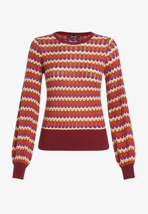 Pull en maille à manches longues avec motif en zigzag dans des tons de rouge, orange, violet et crème, doté de poignets et d'un ourlet côtelés.