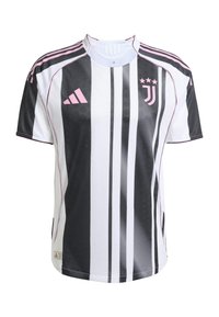 Maillot rayé noir et blanc avec des accents roses. Présente un col rond, le logo Adidas et l'emblème de l'équipe. Fabriqué en tissu léger.