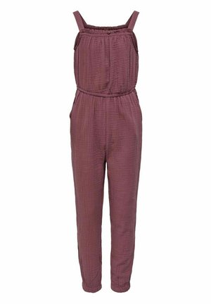 Bez rękawów kombinezon w kolorze mauve z elastycznym paskiem w talii, marszczonym dekoltem i zwężanymi spodniami długości do kostek wykonanymi z teksturowanego materiału.