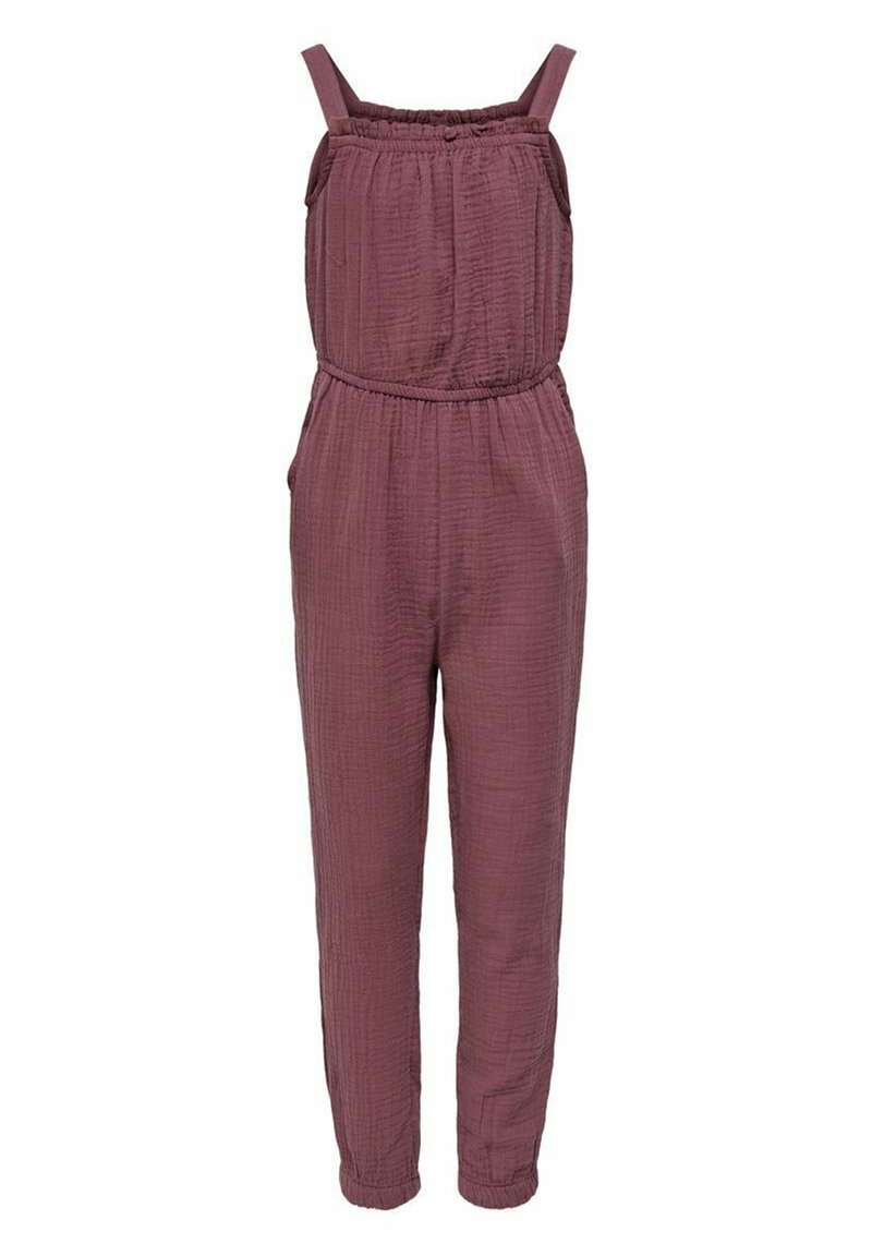 Combinaison mauve sans manches avec taille élastique, encolure froncée et pantalon fuselé longueur cheville en tissu texturé.