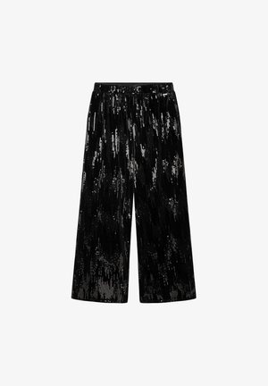 Pantalones de pierna ancha negros, hecho de tela con lentejuelas, con una textura suave y una cintura elástica. El patrón tiene acentos brillantes variados.
