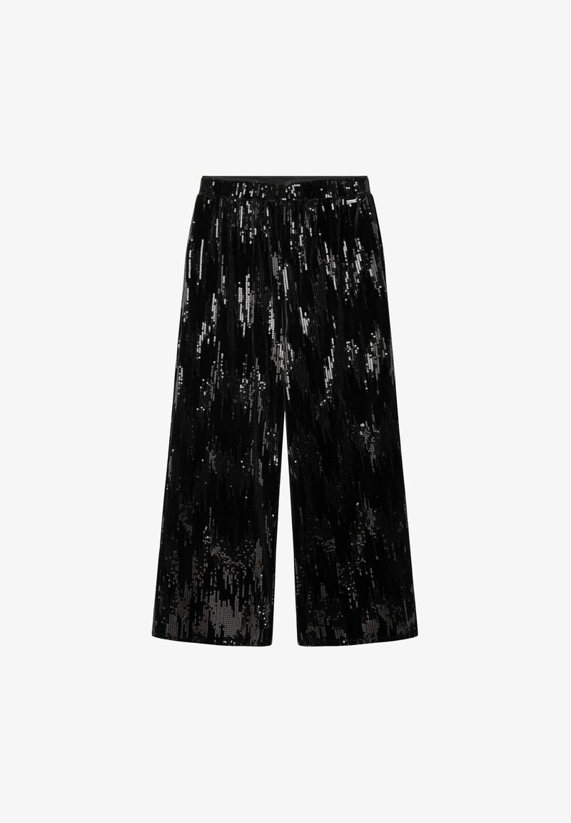 Črne široke hlače iz sequins tkanine, s prijetno teksturo in elastičnim pasom. Vzorec vsebuje raznolike sijajne detajle.