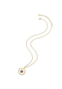 Zelta kaklarota ar apaļu piekariņu, kurā ir purpursarkans dārgakmens un zvaigžņu dizains, kopā ar smalku ķēdīti.