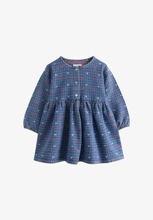 Blaues Langarm-Kleid für Kleinkinder mit weißem Rautenmuster und roten sowie weißen Tulpenmotiven, mit drei Knöpfen an der Brust und einem gerafften Rock.