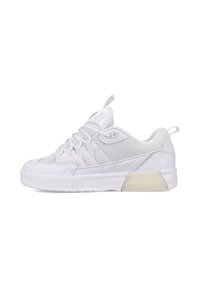 White athletic shoe with a mesh upper, padded collar, and rubber sole. Features a textured toe cap and a pull tab at the rear.