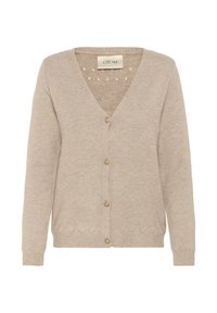 Beige knitted cardigan with a V-neck, six gold-button closure, and scalloped hem. Smooth texture with small decorative holes on the back.