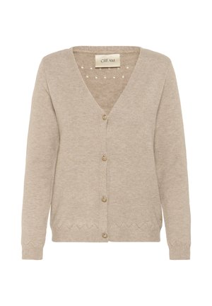 Beige knitted cardigan with a V-neck, six gold-button closure, and scalloped hem. Smooth texture with small decorative holes on the back.