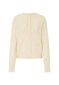 Cardigan lavorato a maglia crema con un motivo a diamante testurizzato, scollo rotondo, chiusura con bottoni e polsini e orlo a coste.