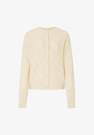 Crème gebreide cardigan met een textuur van een diamanten patroon, ronde halslijn, knoopsluiting en ribbelmanchetten en -zoom.