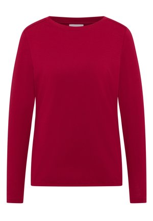Langärmliges, einfarbig rotes Rundhals-Shirt mit glattem Stoffumfang, vor einem weißen Hintergrund dargestellt.