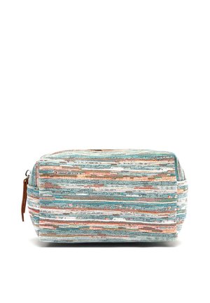 Rectangular fabric pouch with horizontal multicolored stripes in teal, orange, white, and brown, featuring a zipper and leather pull tab.