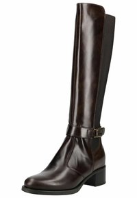 Bottines en cuir marron hauteur genou avec un panneau élastique latéral, bout carré et talon bas, ornées d'une boucle sur la sangle.