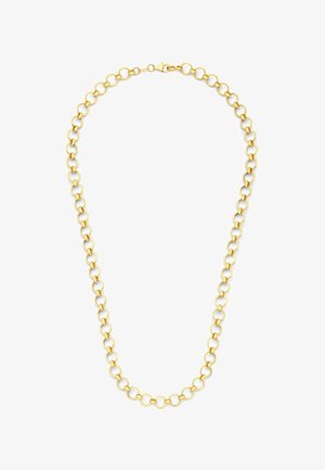 Gouden ketting met ronde, met elkaar verbonden schakels en een karabijnsluiting op een witte achtergrond.