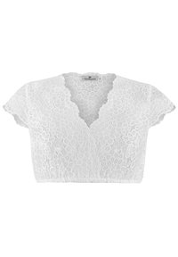 Weißes Spitzen-Crop-Top mit tiefem V-Ausschnitt und kurzen Fledermausärmeln. Verfügt über ein florales Spitzenmuster und einen elastischen Saum für eine figurbetonte Passform.