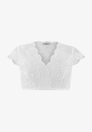 White lace crop top with a deep V-neckline and short cap sleeves. Features a floral lace pattern and elastic hem for a fitted look.