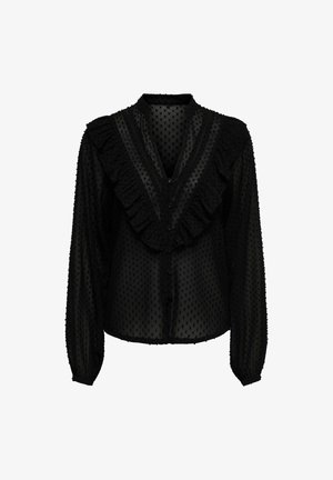 Czarna przezroczysta bluzka z falbaniastym dekoltem, w kropki, z długimi rękawami i zapięciem na guziki z przodu.