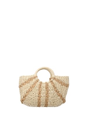 Vævet beige og lys brun håndtaske med cirkulære håndtag og et vifteformet stribet mønster, designet til at blive båret i hånden.