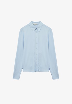 Light blue long-sleeve shirt with a button-up front, pointed collar, and smooth texture. Features shoulder accents and a relaxed fit.
