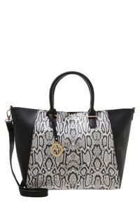 Torba typu tote z czarną górną częścią z ekologicznej skóry i dolną częścią w wężowy wzór. Posiada dwa uchwyty oraz odpinany pasek na ramię. Złote logo jako akcent.