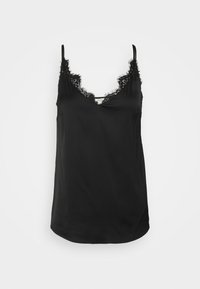 Svart siden cami med spetsdetaljer längs halsringningen och axelbanden, med en mjuk textur och avslappnad passform.