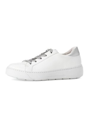 White leather sneaker with a textured rubber sole, silver eyelets, and laces. Features a subtle silver accent at the heel. Rounded toe design.