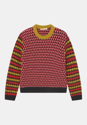 Maglione lavorato a maglia a righe rosse e rosa con scollatura rotonda. Maniche a righe verdi e nere, orlo a coste e texture morbida.