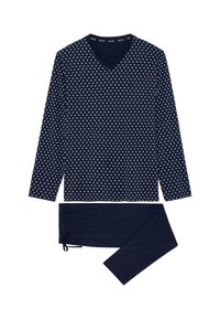 Navy long-sleeve top with a V-neck and a diamond pattern, paired with matching navy pants featuring an elastic waistband and drawstring.