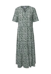 Un vestido verde con un estampado geométrico en blanco, con escote en V y mangas cortas. La silueta en A incluye una falda con volantes.