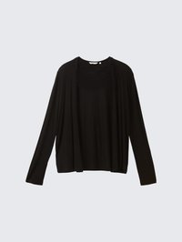 Zwarte cardigan van lichtgewicht stof, met lange mouwen en een open voorkant, met een ontspannen pasvorm en minimale stikdetails.
