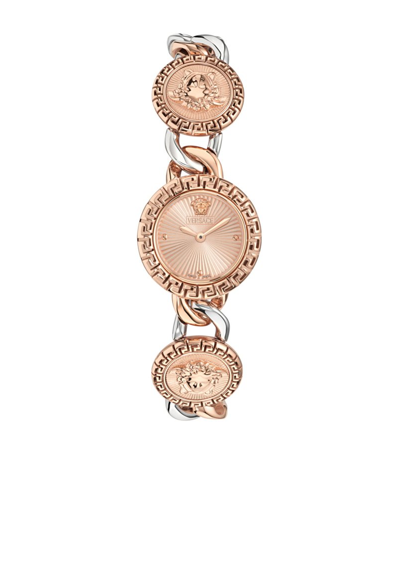 Rose gold and silver-tone watch with circular design featuring textured dial and Medusa pattern accents on linked bracelet.