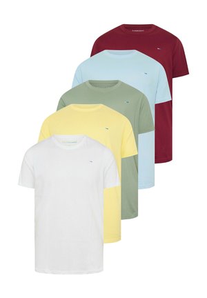 Fünf einfarbige T-Shirts mit kurzen Ärmeln und Rundhalsausschnitt in Weiß, Gelb, Hellgrün, Hellblau und Dunkelrot, überlappend von vorne nach hinten angeordnet.