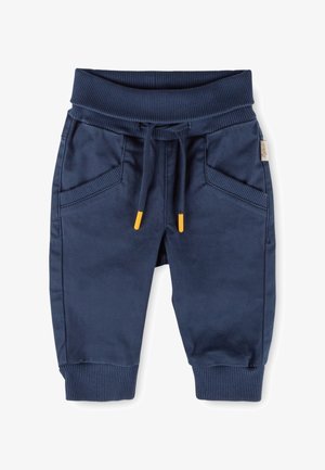 Dunkelblaue Kleinkinderhose mit geripptem Bund und Bündchen, Fronttaschen und einem Kordelzug mit gelben Enden.