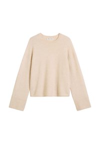 Pull en tricot beige avec un col rond, des manches longues et une coupe cropped. Texture douce avec des poignets et un ourlet côtelés.