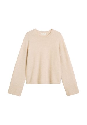 Beige gebreide trui met een ronde hals, lange mouwen en een cropped fit. Zachte textuur met geribde manchetten en zoom.