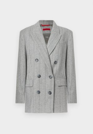 Grey double-breasted blazer with vertical pinstripes, six black buttons, notch lapels, flap pockets, and a red brand label inside collar.