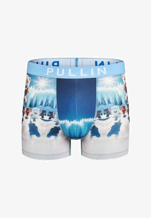 Boxer briefs bleus pour hommes avec un motif de paysage hivernal comprenant des ours en peluche et des formations de glace, portant la marque "PULLIN" sur la ceinture.