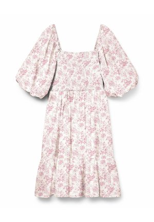 Květinové šaty s krátkými nabíranými rukávy, čtvercovým výstřihem a nařasenou sukní. Světle růžové květy na bílém pozadí, s volánkovým lemem.